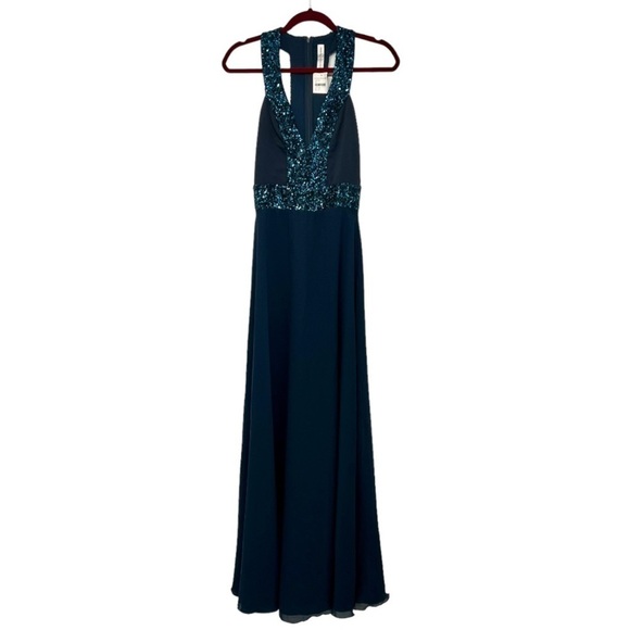 Dress The Population Delani Blue Sequin Trim Gown Maxi Cocktail Dress Women XS - Picture 6 of 13